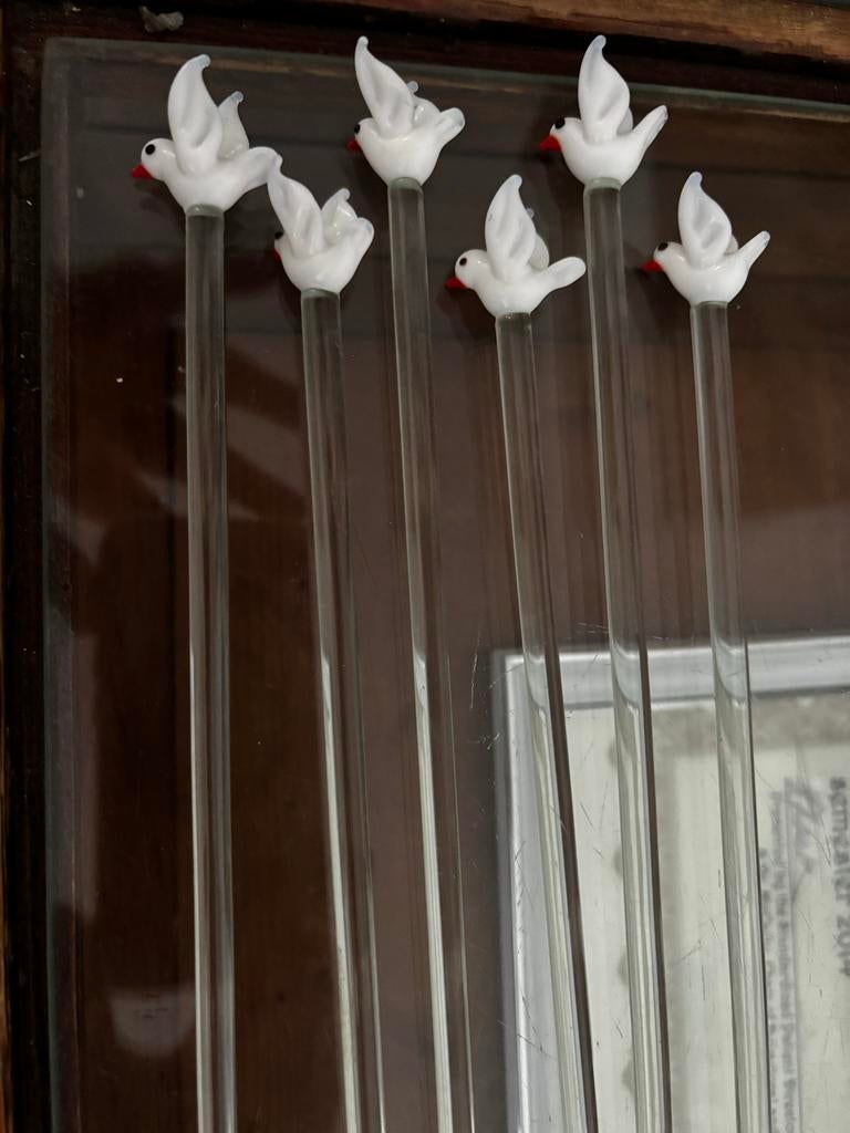 Set van 6 glazen roerstaafjes met duifjes, Ophalen of Verzenden