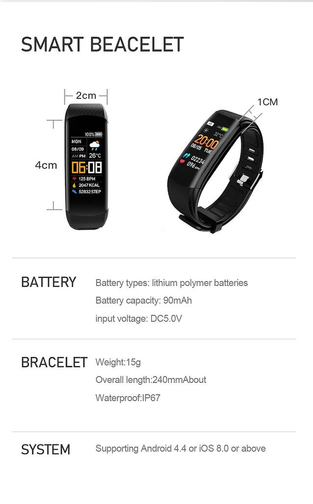 Smart Bracelet C5S - Activity, Hartslag & Bloeddruk Monitor, Ophalen of Verzenden, Waterdicht, Nieuw, Zwart