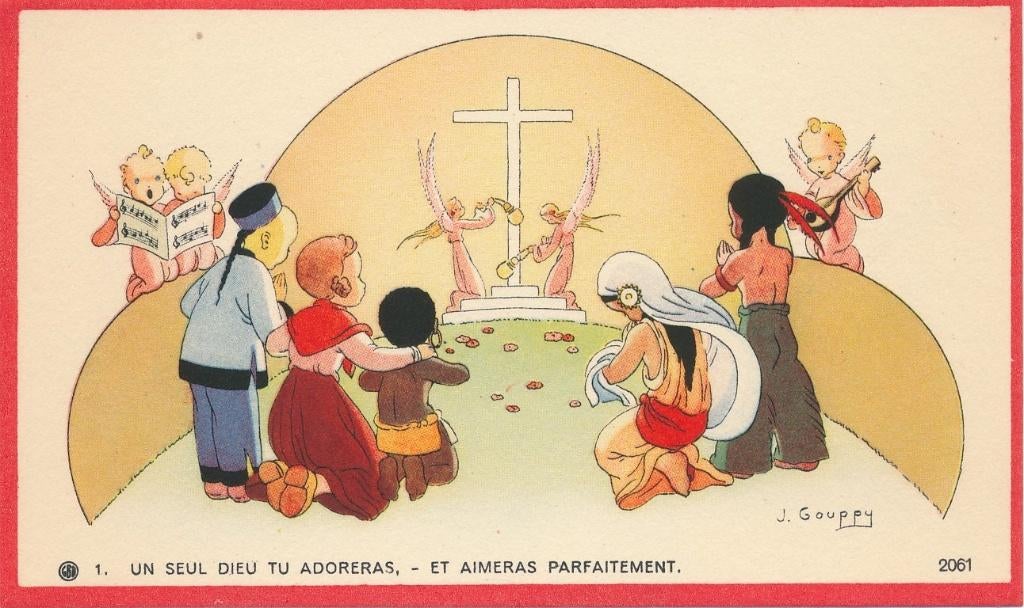 10 Devotieprentjes met de 10 geboden van J. Gouppy ( Frans ), Ophalen of Verzenden, Zo goed als nieuw, Kaart of Prent, Christendom | Katholiek