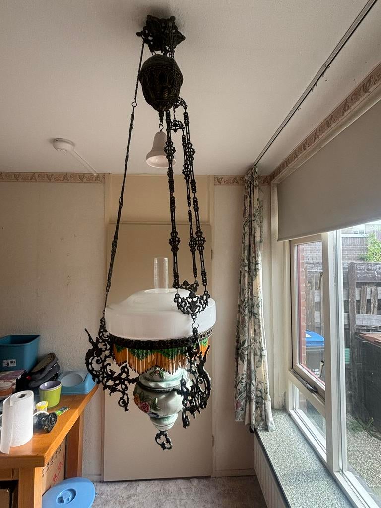 Antieke Schippertje olielamp met kralenring en 3 vlamglaasje, Antiek en Kunst, Antiek | Lampen, Ophalen of Verzenden