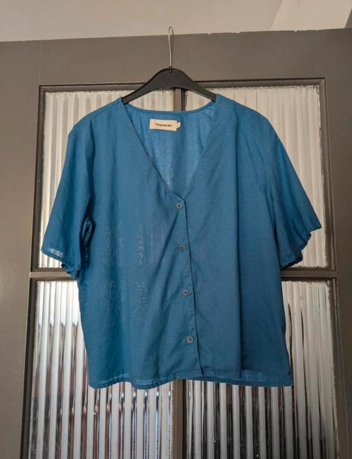 Thinking MU top blauw van hennep en tencel - maat S, Kleding | Dames, Tops, Zo goed als nieuw, Maat 36 (S), Blauw, Korte mouw