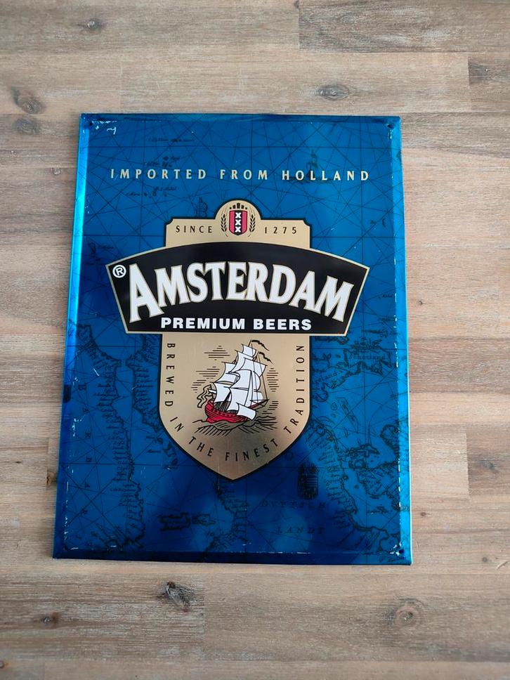 Vintage Amsterdam Premium Bier Reclamebord - Metaal, Verzamelen, Biermerken, Gebruikt, Ophalen of Verzenden