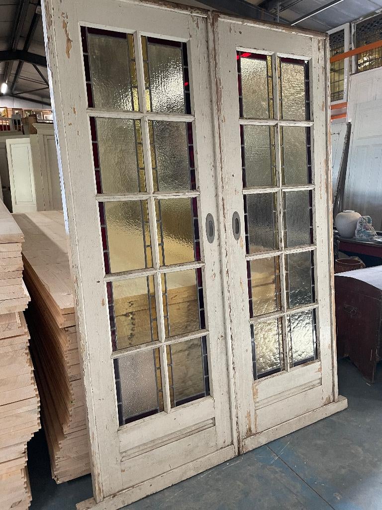 Set schuif / en-suite deuren met glas in lood 214x146cm., Antiek en Kunst, Ophalen