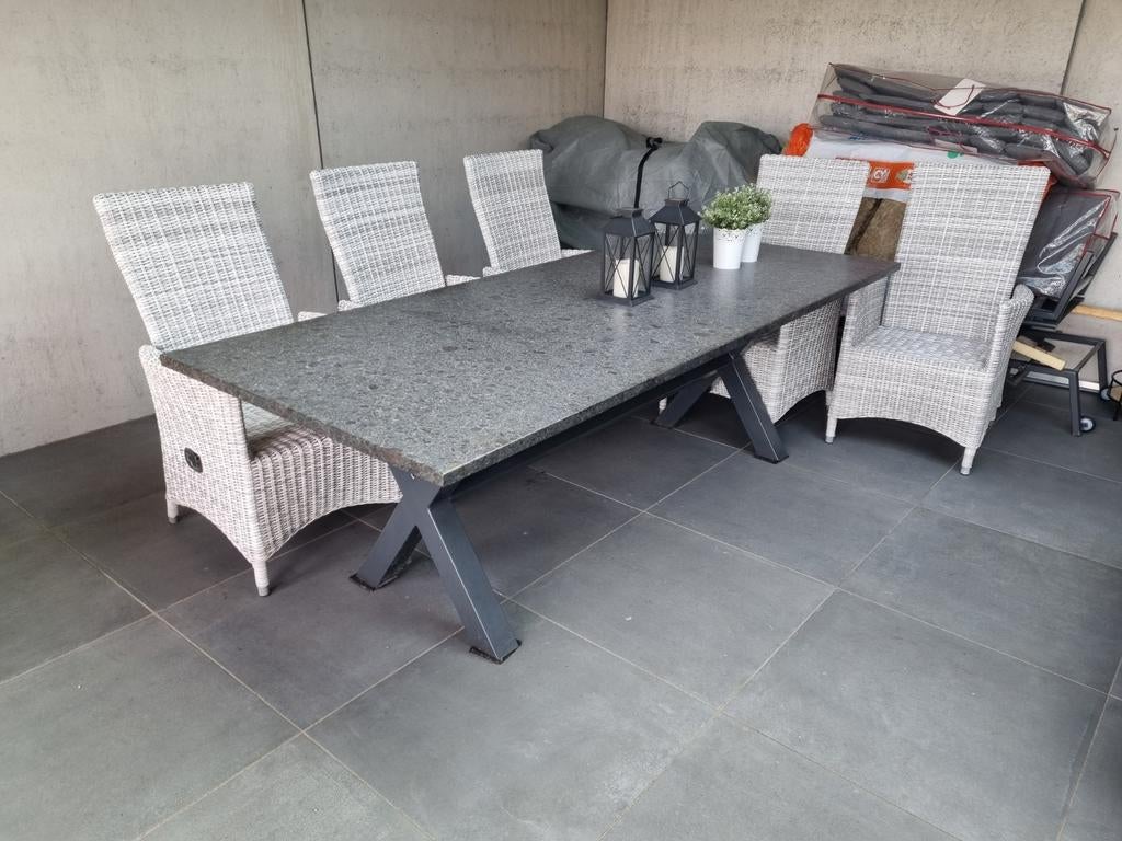 Tuintafel graniet X poot 240x100 blad 3 cm dik, Tuin en Terras, Tuintafels, Ophalen, Gebruikt, Rechthoekig, Overige materialen