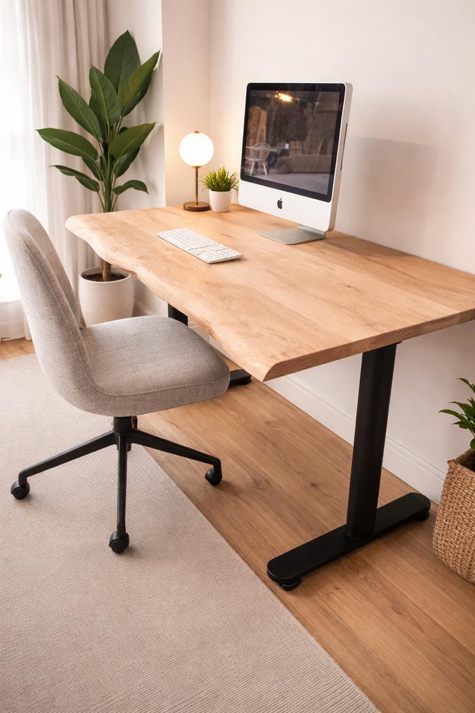 Eiken natuurlijke boomstam zit/sta bureau, Zit-sta bureau, Elektrisch, Gebruikt, Hout