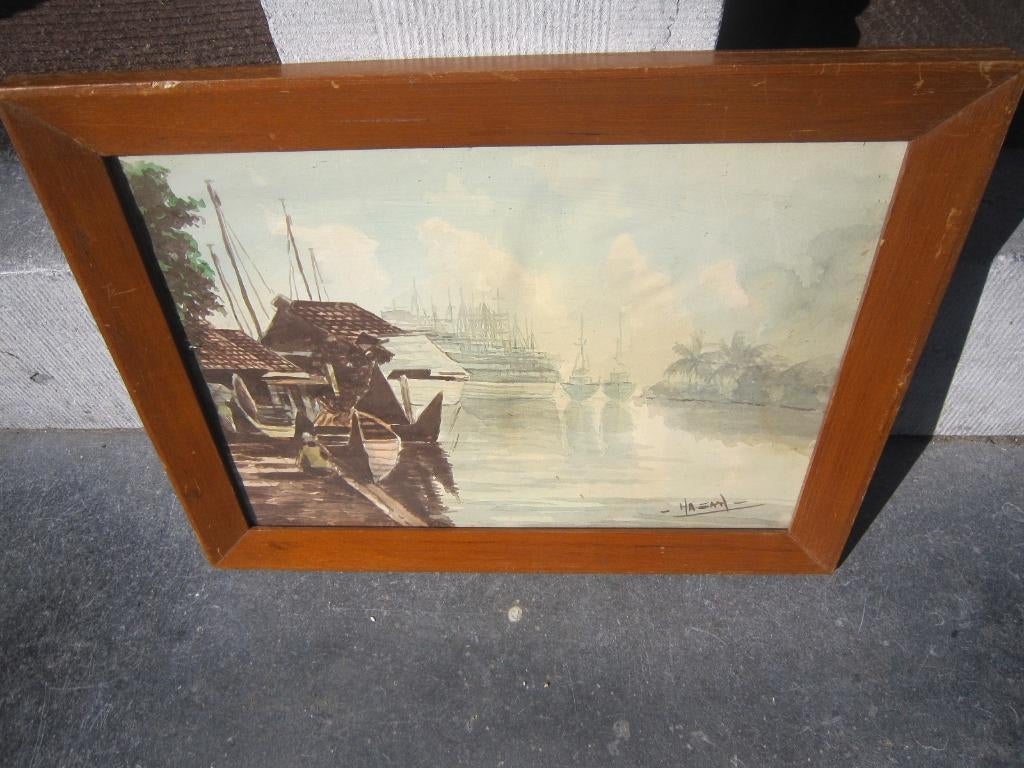 Mooi Onbekend Havengezicht /Overzee ?? Met palmen/schepen, Antiek en Kunst, Kunst | Schilderijen | Klassiek, Ophalen of Verzenden