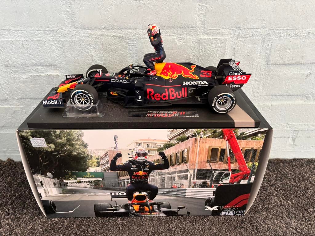 Max verstappen RB16B winner monaco 2021 1:18 model, Ophalen of Verzenden, Zo goed als nieuw, MiniChamps