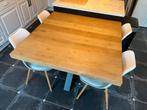 Massief eiken eettafel 119x119 cm – industrieel onderstel, Ophalen, Gebruikt, Rechthoekig, 100 tot 150 cm