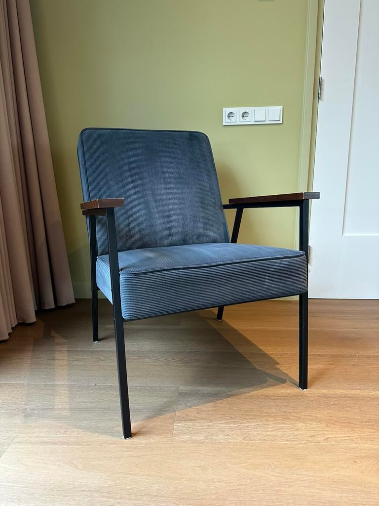 Fauteuil ribstof blauw WOOOD Sally, Ophalen, Zo goed als nieuw, 75 tot 100 cm, 50 tot 75 cm