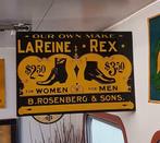 Dubbelzijdig antiek USA tin sign van LaReine Rex shoes., Reclamebord, Gebruikt, ., Ophalen of Verzenden