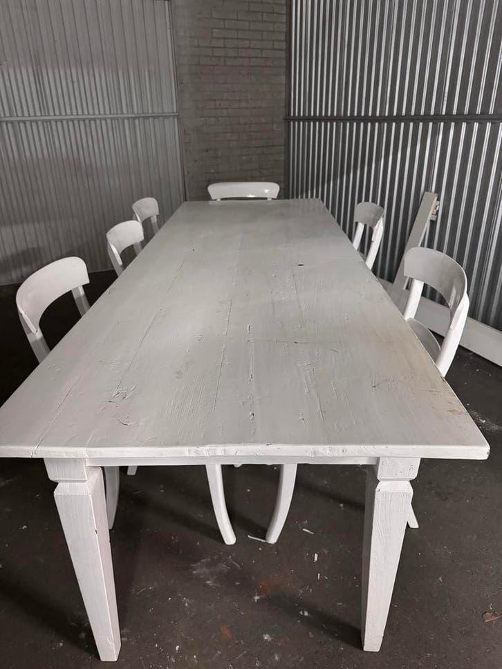 Lange witte tafel, evt. inclusief stoelen, Huis en Inrichting, Gebruikt, 200 cm of meer, Vijf personen of meer, Rechthoekig