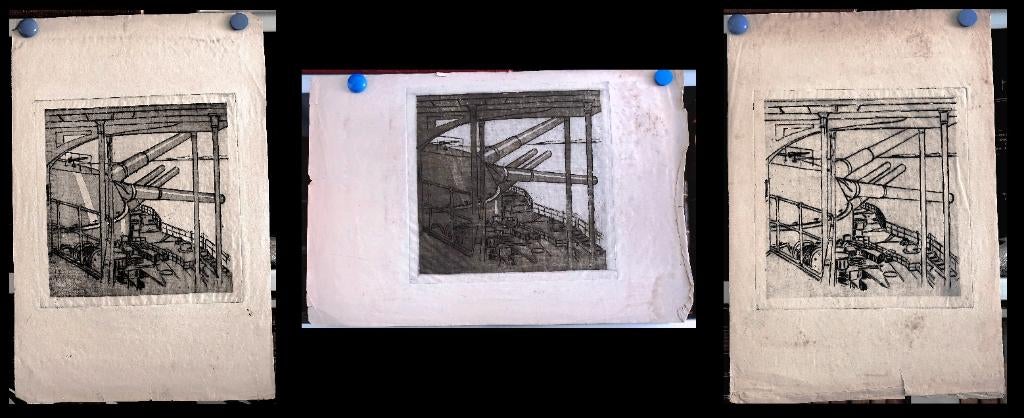 Etsen (3x) Geschut Oorlogsschip Ets in 3 staten, Antiek en Kunst, Ophalen of Verzenden