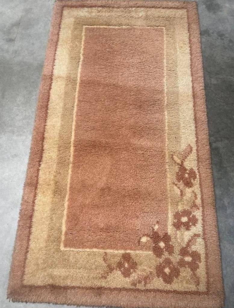 Vintage loper 60cm x 120cm retro scheerwol tapijt kleed wol, Vintage loper scheerwol tapijt roze kleur retro vloerkleed, Gebruikt