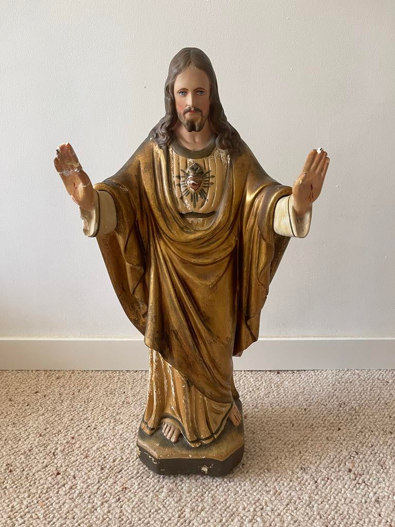 Vintage Jezus beeld - Heilig Hart - Goudkleurig, Antiek en Kunst, Antiek | Religie, Ophalen of Verzenden