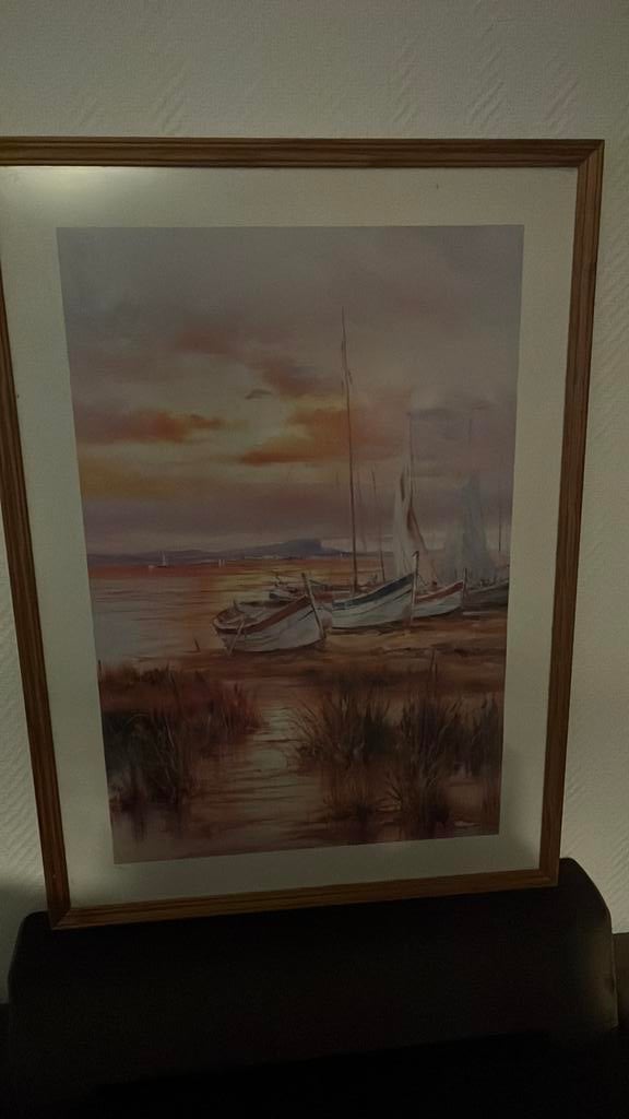 Een rustieke schilderij met boten en zonsondergang, Antiek en Kunst, Kunst | Schilderijen | Klassiek, Ophalen