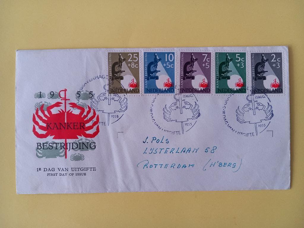 1955 Kankerbestrijding FDC E23 met gesloten klep e1, Postzegels en Munten, Verzenden, Beschreven, Nederland