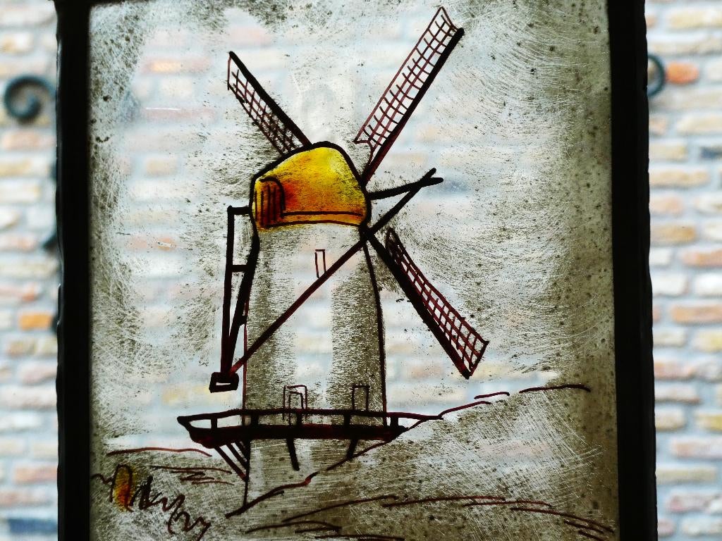 Antiek glas in lood raamhanger een oranje molen, Antiek en Kunst, Curiosa en Brocante, Ophalen of Verzenden