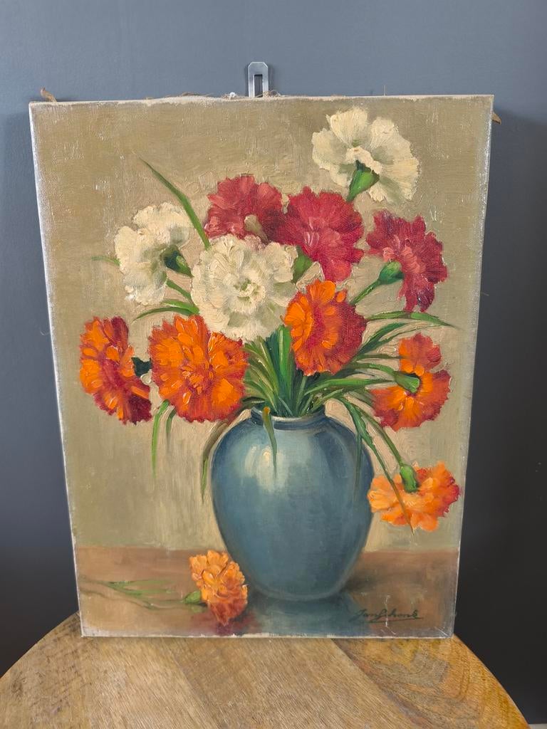 Oud Schilderij Stilleven Anjers Jan Schonk (1889-1976), Ophalen of Verzenden