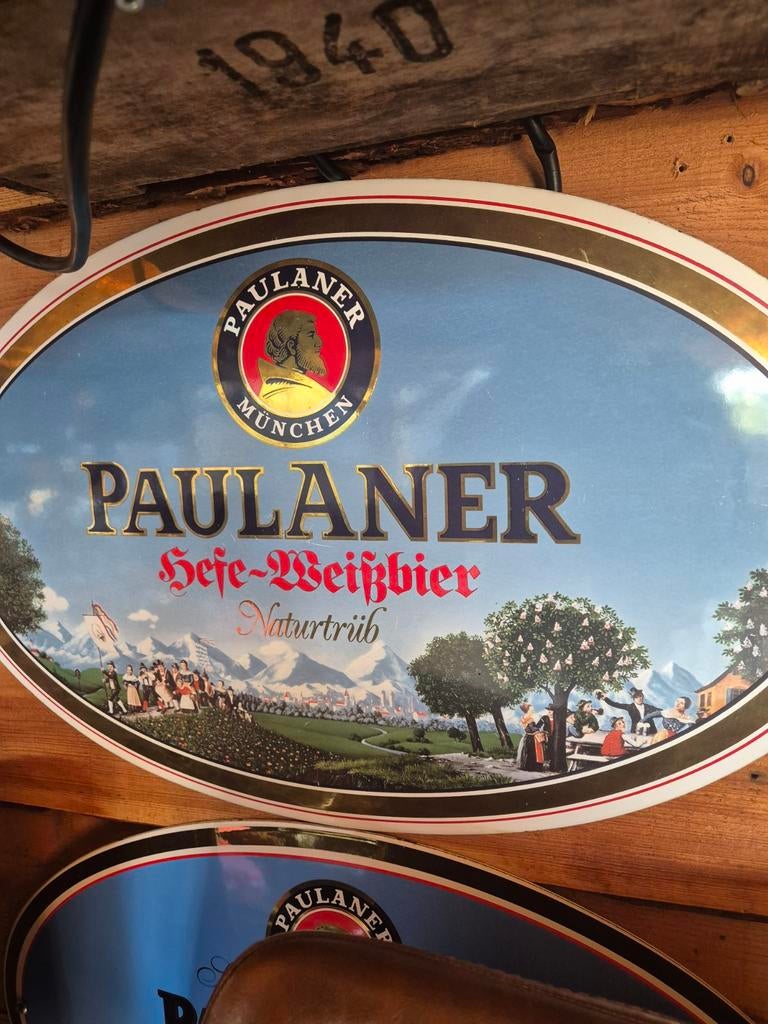 Emaille paulaner bier bord, Ophalen of Verzenden, Gebruikt, Reclamebord, Plaat of Schild, Overige merken