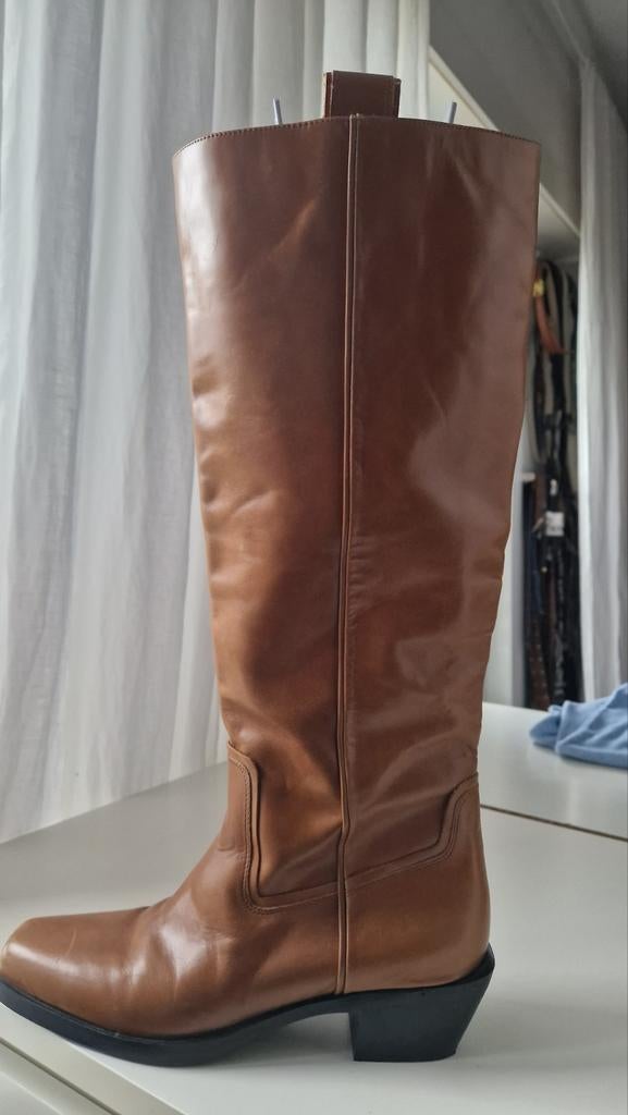 Zara zgan leren knielaarzen cognac cowboy mt41, Verzenden, Nieuw, Bruin, Hoge laarzen