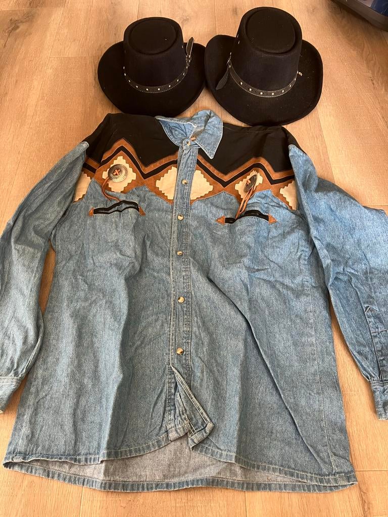 Western blouse (S/M) met 2 kinder cowboyhoeden, Kleding | Dames, Ophalen of Verzenden, Gedragen, Maat 36 (S), Blauw