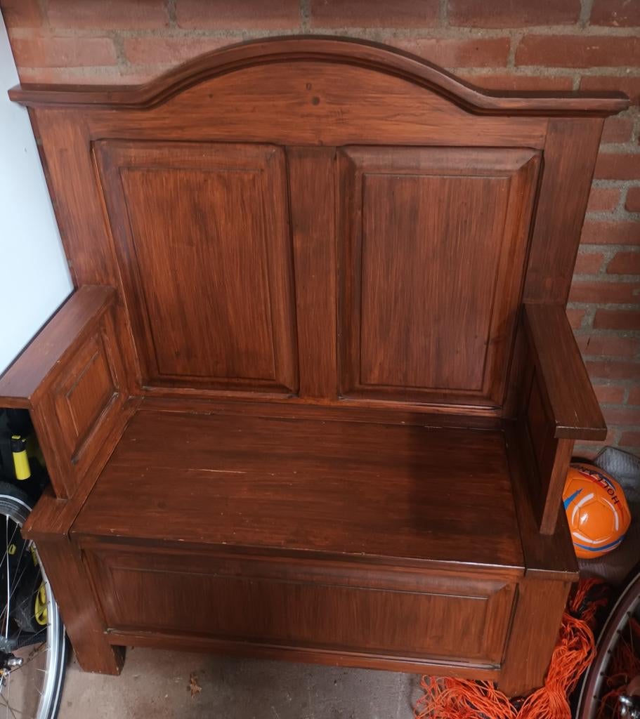 Authentieke grenen klepbank met opbergruimte, Ophalen, Gebruikt, Minder dan 75 cm, Tweepersoons