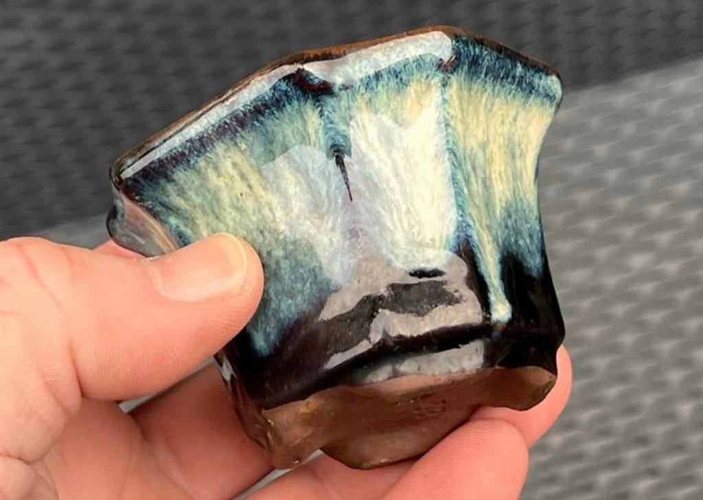 Bonsai pot crème-blauw tinten geglazuurd 7,4x7,4x5, Vierkant, Ophalen of Verzenden, Zo goed als nieuw, Aardewerk