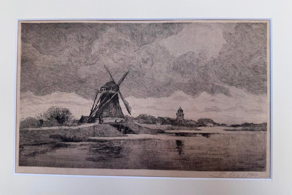 Tekening/Ets van landschap met molen, Antiek en Kunst, Kunst | Etsen en Gravures, Ophalen of Verzenden