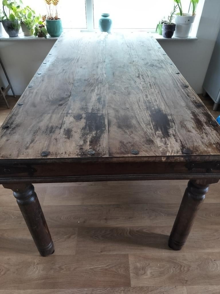 Houten eettafel met metalen details en lade, Ophalen, Gebruikt, 200 cm of meer, 50 tot 100 cm