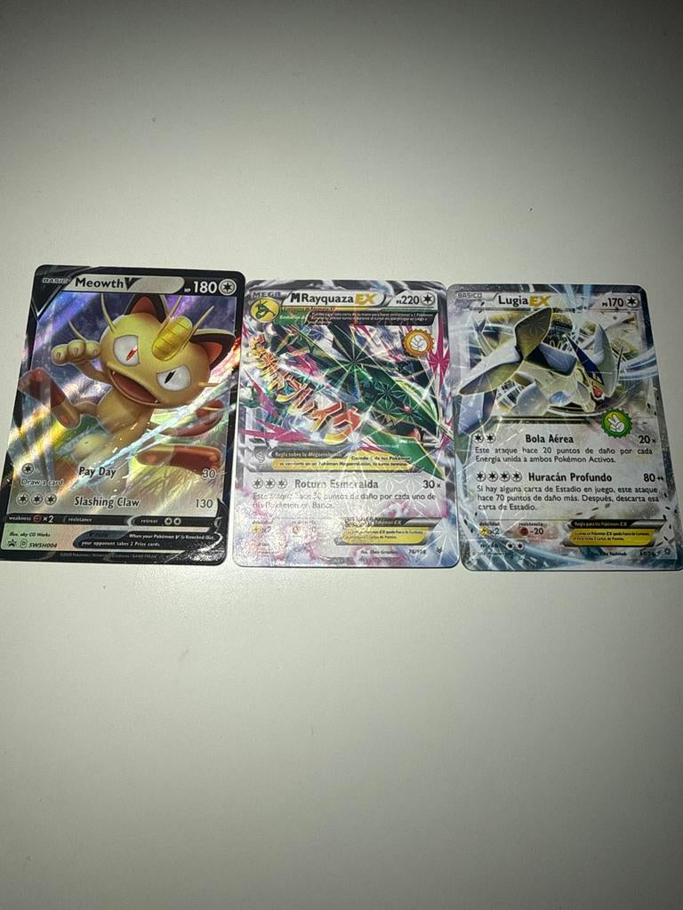 Pokémon kaarten Meowth V, M Rayquaza EX, Lugia EX, Verzenden, Gebruikt, Meerdere kaarten, Foil
