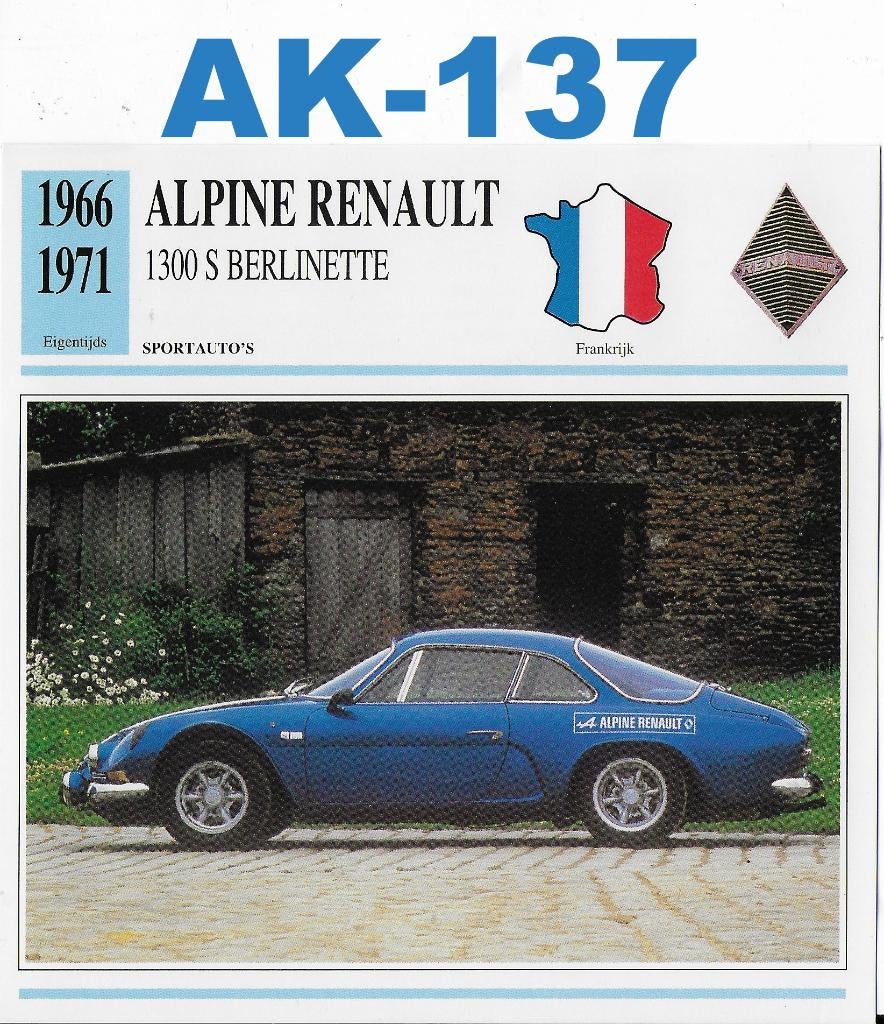 Ak137 autokaart alpine renault 1300 s berlinette, Ophalen of Verzenden, Zo goed als nieuw, Auto's