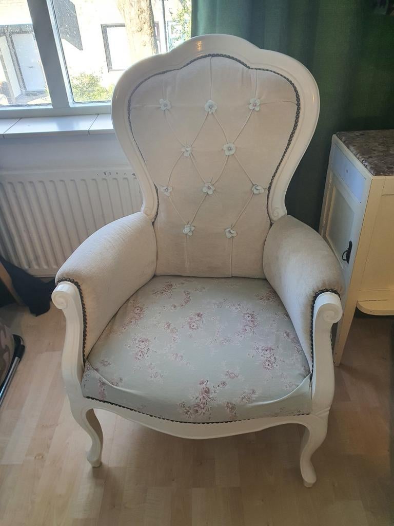 Witte fauteuil met bloemenprint, Ophalen, Gebruikt, Minder dan 75 cm, Stof