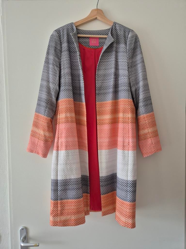 Lange blazer (zilvergrijs met roze/koraal/oranje) Kyra & Ko, Overige kleuren, Maat 42/44 (L), Ophalen of Verzenden, Zo goed als nieuw