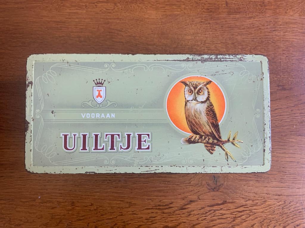 Antiek Blik "Uiltje vooraan", Verzamelen, Blikken, Ophalen of Verzenden, Gebruikt, Overige