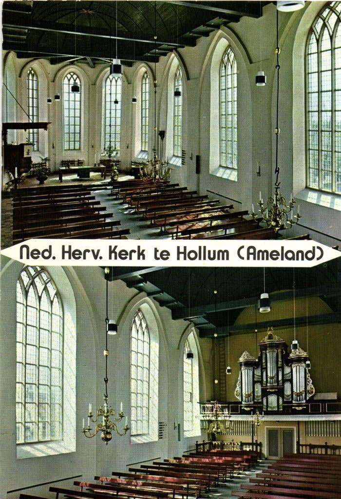 Ned. Herv. Kerk te Hollum [Ameland] - 2 afb interieur - onge, Ophalen of Verzenden, Voor 1920, Ongelopen, Waddeneilanden