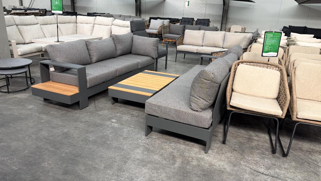 Riviera tuin loungebanken met tafel | aluminium + teakhout, Ophalen, Aston Martinlaan 36, Aluminium, Zo goed als nieuw