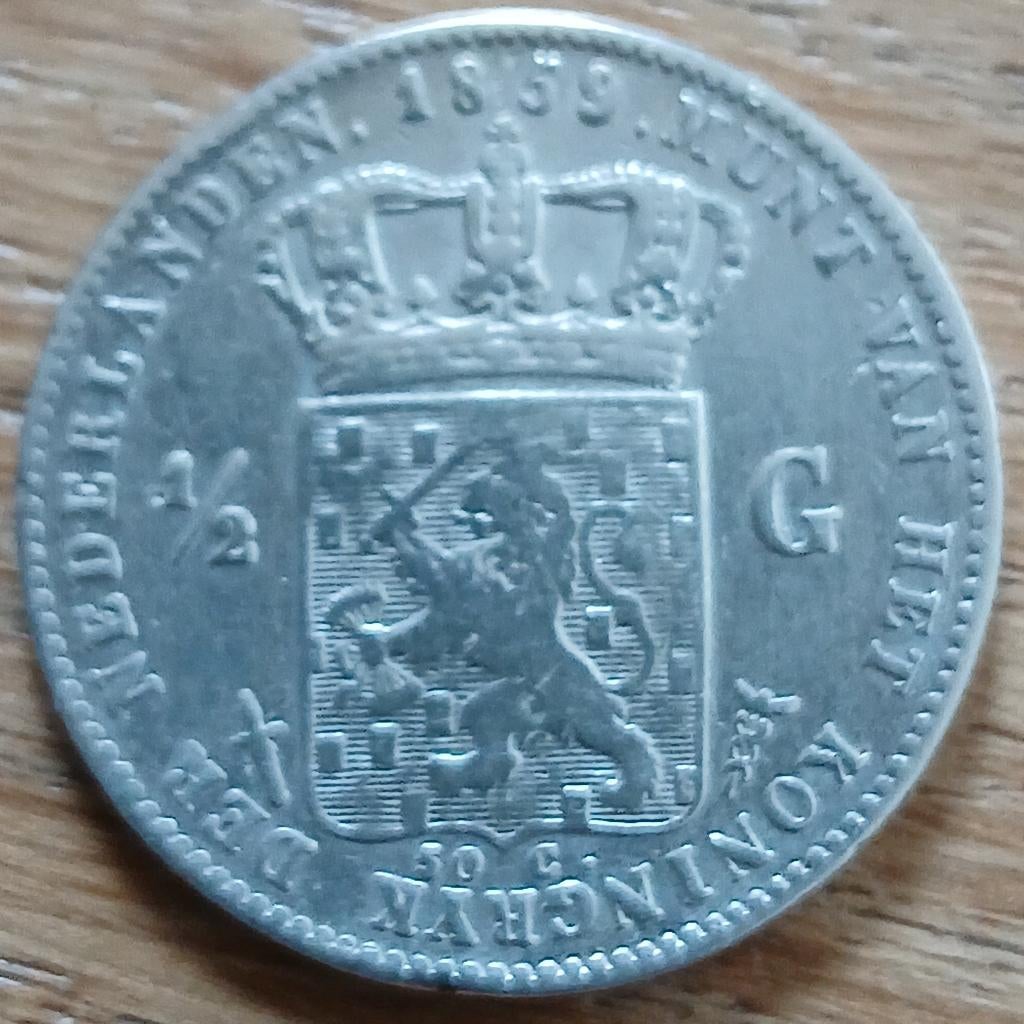 1/2 gulden (halve) gulden 1859 ca. ZF, Postzegels en Munten, Munten | Nederland, ½ gulden, Koning Willem III, Verzenden, Zilver