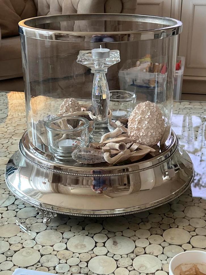 Rofra Zilverkleurige Kandelaar met Glazen Windlicht, Huis en Inrichting, Woonaccessoires | Kandelaars en Kaarsen, Gebruikt, Kandelaar