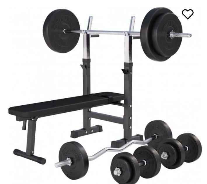 Halterbank met 50kg gewichten, Sport en Fitness, Fitnessmaterialen, Ophalen