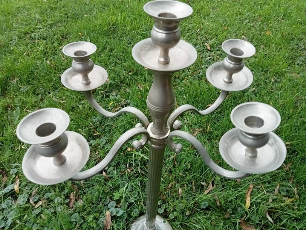 grote zilverkleurige 5 armige kandelaar, Antiek en Kunst, Ophalen, Overige materialen
