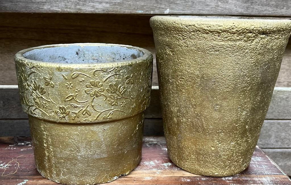 2 plantenpotten goud, Rond, Ophalen of Verzenden, Zo goed als nieuw, Aardewerk