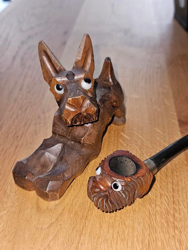 Houten pijp met hondenkop en hondenstandaard, Antiek en Kunst, Ophalen of Verzenden