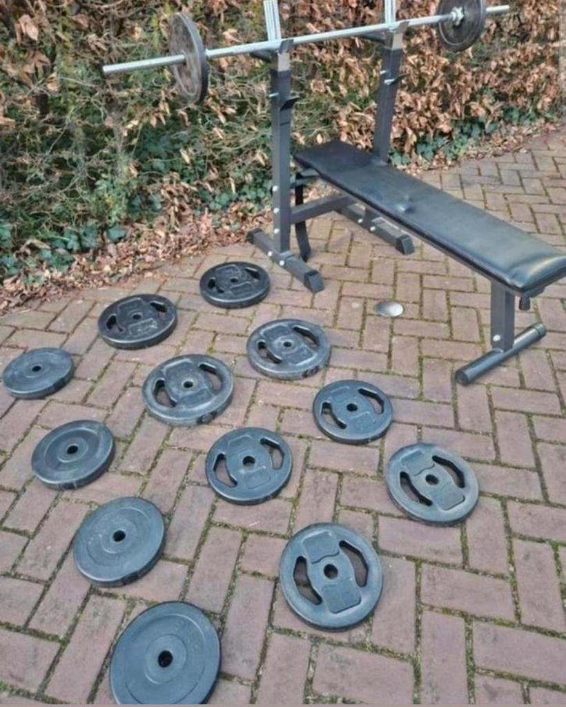 Gewichten halterbank 50kg gewichten, Sport en Fitness, Fitnessmaterialen, Ophalen, Zo goed als nieuw, Fitnessbank