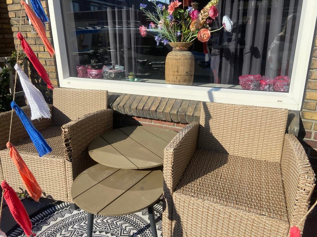 Gratis af te halen: Twee rotan tuinstoelen met beschadiginge, Tuin en Terras, Tuinsets en Loungesets, Gebruikt, Rotan, Stoel, Tuinset