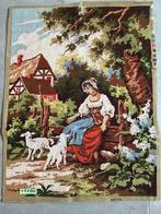 Geborduurde boerin met lammetjes (45 x 60 cm), 50 tot 75 cm, Ophalen of Verzenden, Zo goed als nieuw, Schilderij