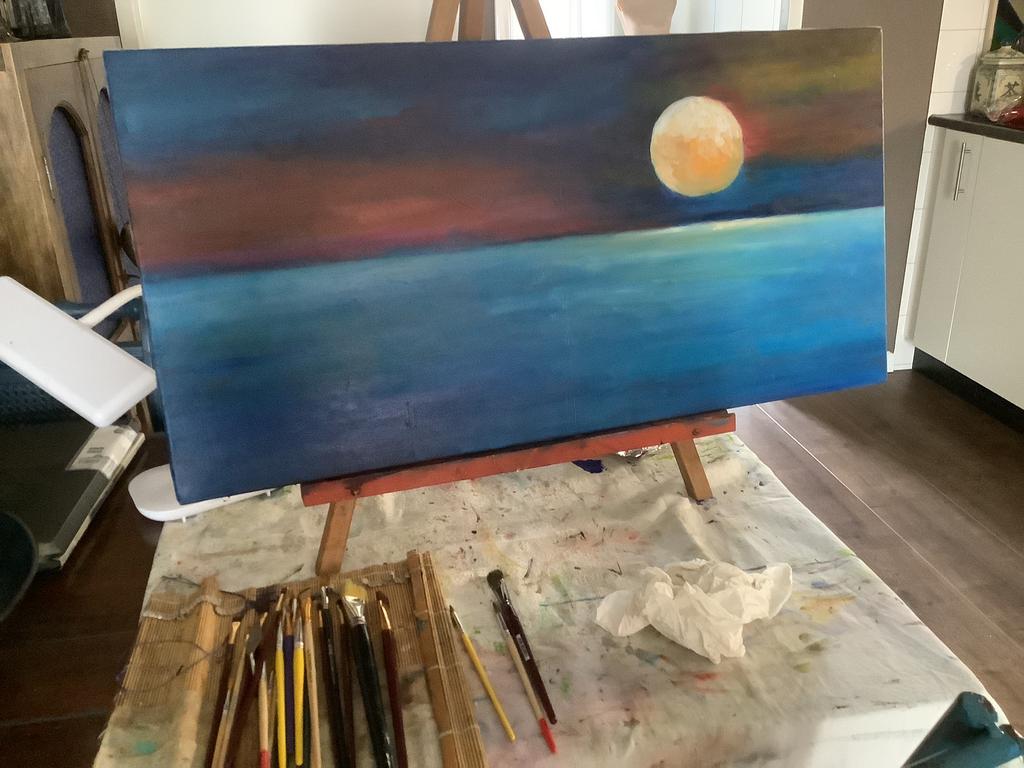 Olieverf schilderij, ondergaande zon, op doek,80/40 c.m., Ophalen of Verzenden