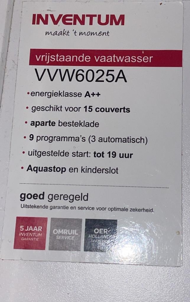 Inventum VVW6025A Vrijstaande Vaatwasser A++ 15 couverts, Ophalen, Minder dan 10 liter, Energieklasse A of zuiniger, Zo goed als nieuw