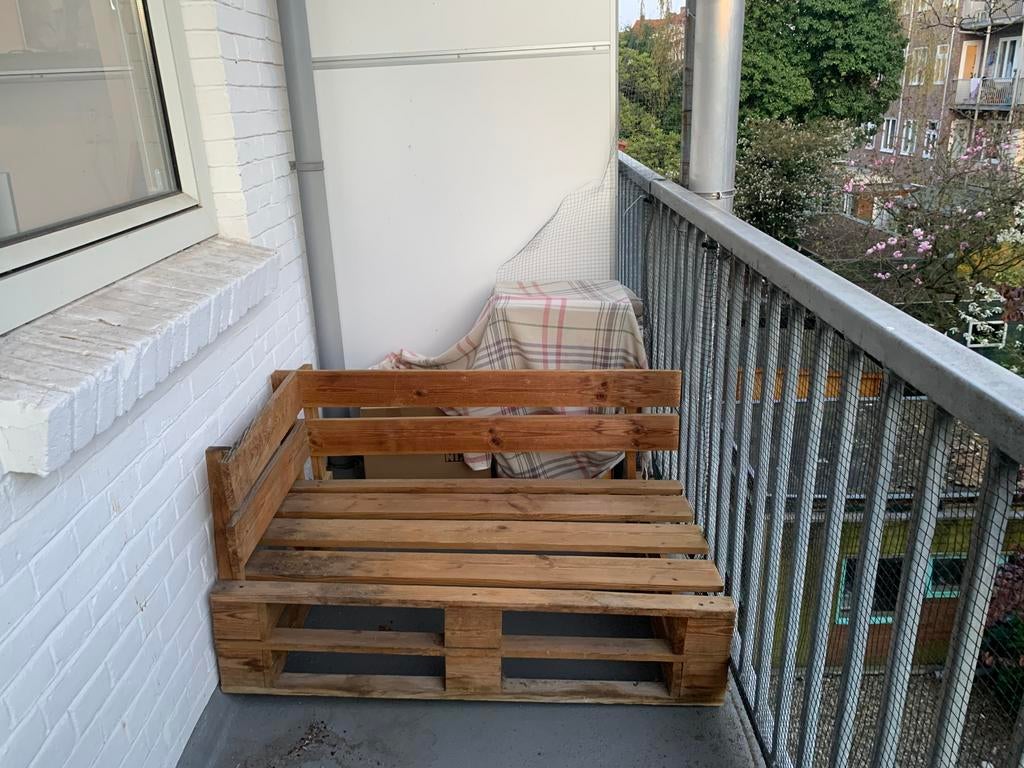 Palletbankje hoek, Tuin en Terras, Tuinbanken, Ophalen, Gebruikt, Hout