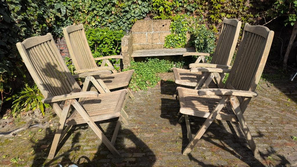 4 teak tuinstoelen verstelbaar, Ophalen, Gebruikt, Teakhout, Verstelbaar
