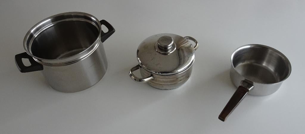 3 Pannen, Huis en Inrichting, Keuken | Potten en Pannen, Zo goed als nieuw, Pannenset, Rvs, Ophalen